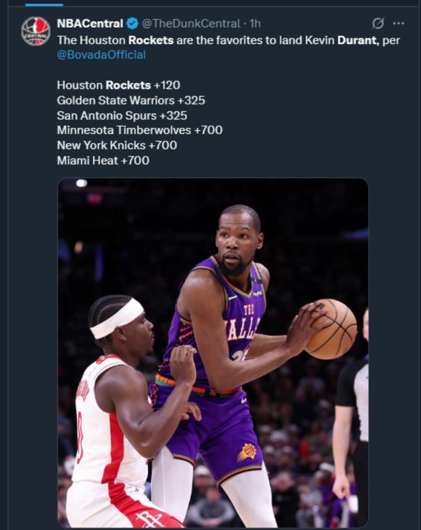 難道說？美媒曬杜蘭特下家賠率，火箭大幅度領(lǐng)跑！